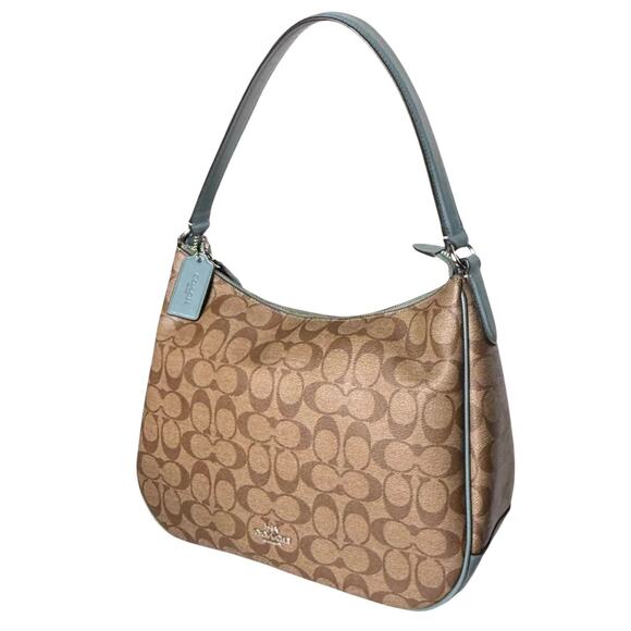 Coach Shoulder HANDBAG Khaki Coated Canvas Blue Cyan Leather Purse F29209 NWOT - Picture 1 of 13